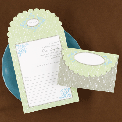A sage green border featuring white polkadots surrounds your invitation 